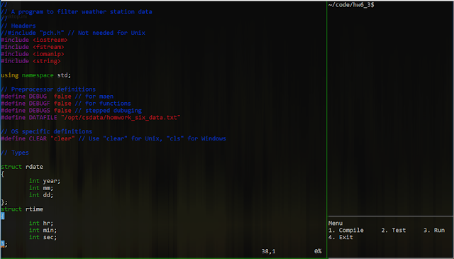 A tmux window showing 3 panes including Vim editing a C++ source file, an empty terminal, and a menu script