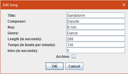 A form for editing song data; shown is the data for Darude's Sandstorm